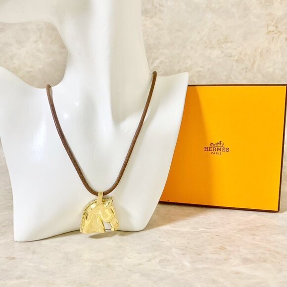 HERMES Cheval Horse Leather Necklace 24" Gold Tone Auth w/Box #96875 - Picture 2 of 4